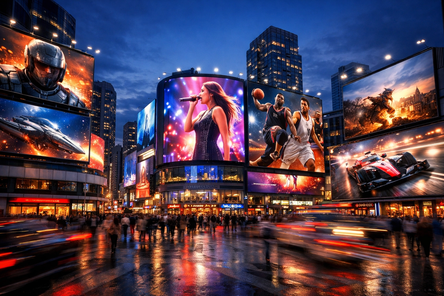 Vibrant digital billboards in a metropolitan square showcasing global media distribution and strategic brand reach.