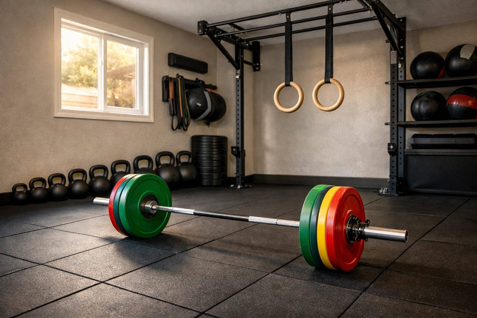 Compact CrossFit home gym setup with barbell, bumper plates, kettlebells, and gymnastics rings in garage