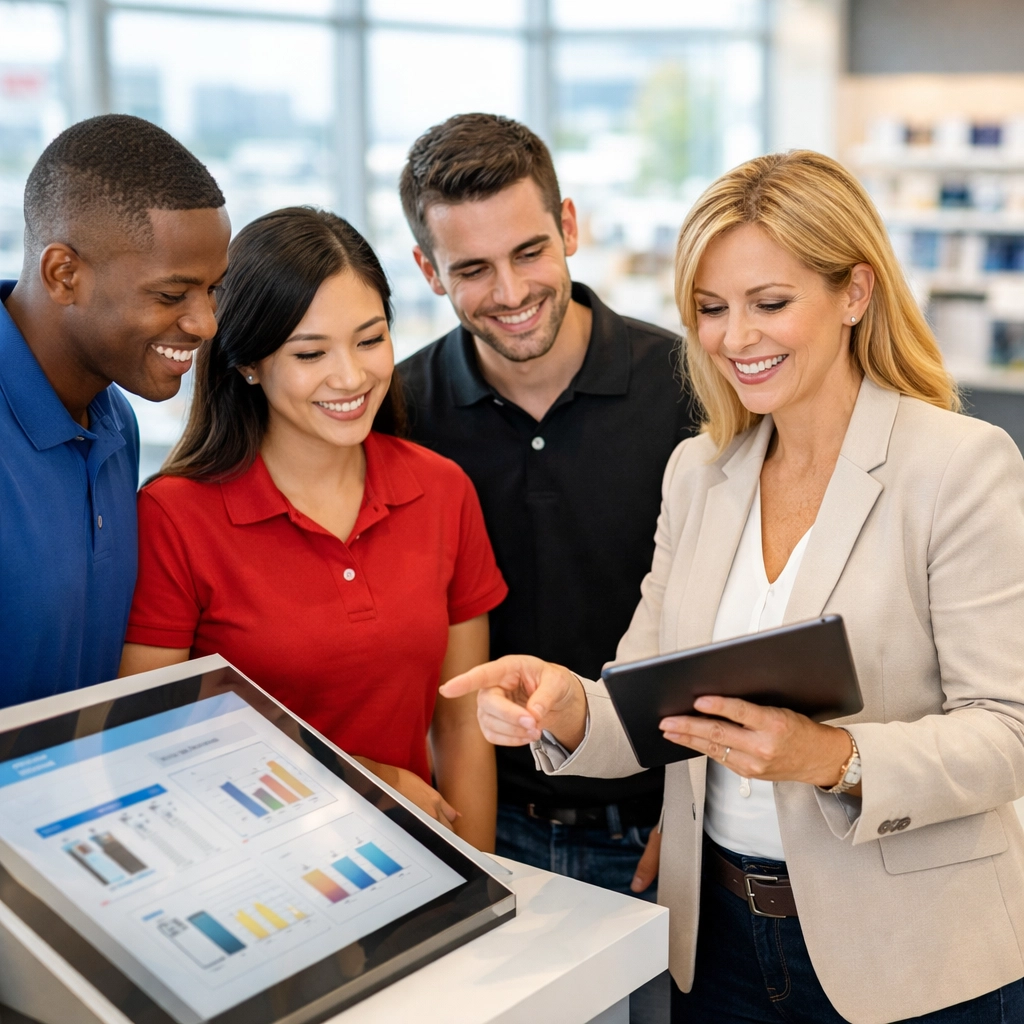 Retail team collaborating with ServiceNow HRSD digital interface in modern store environment