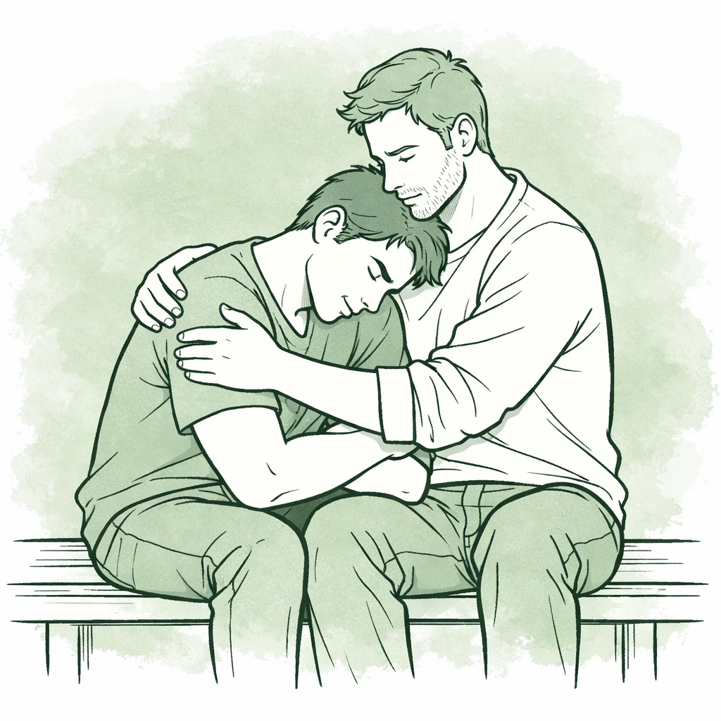 High-angst MM romance illustration showing an emotional bond and comfort between two men.