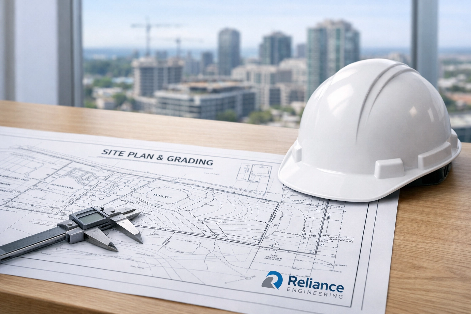 Civil engineering site plan and grading blueprints for Ontario land development approvals.