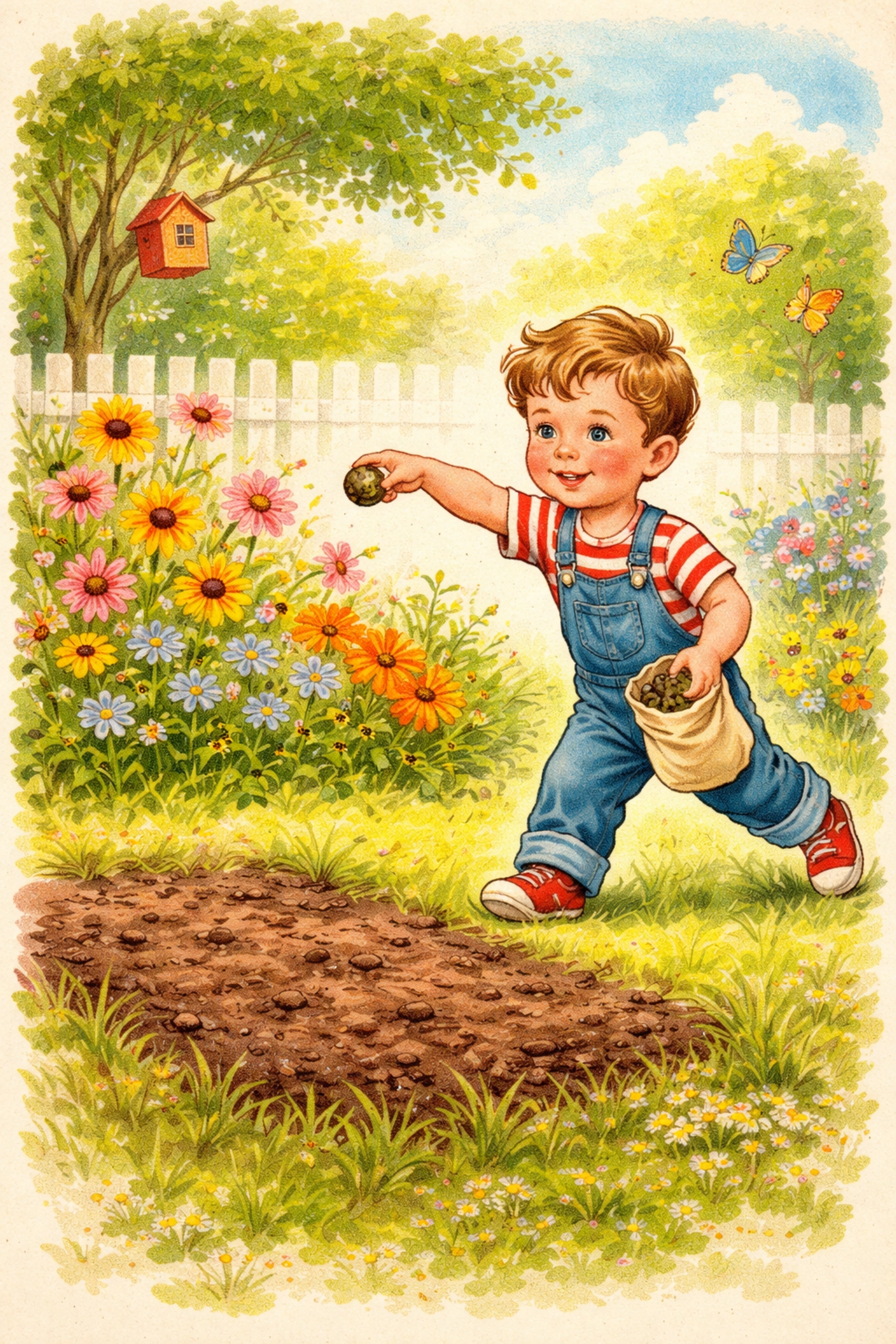 Young child tossing a seed bomb into a blooming backyard butterfly garden filled with wildflowers and butterflies.