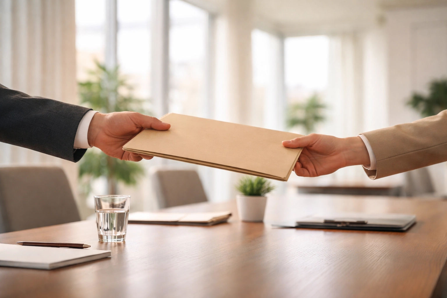 Hands exchanging folder in modern office, illustrating ongoing client engagement in tax services