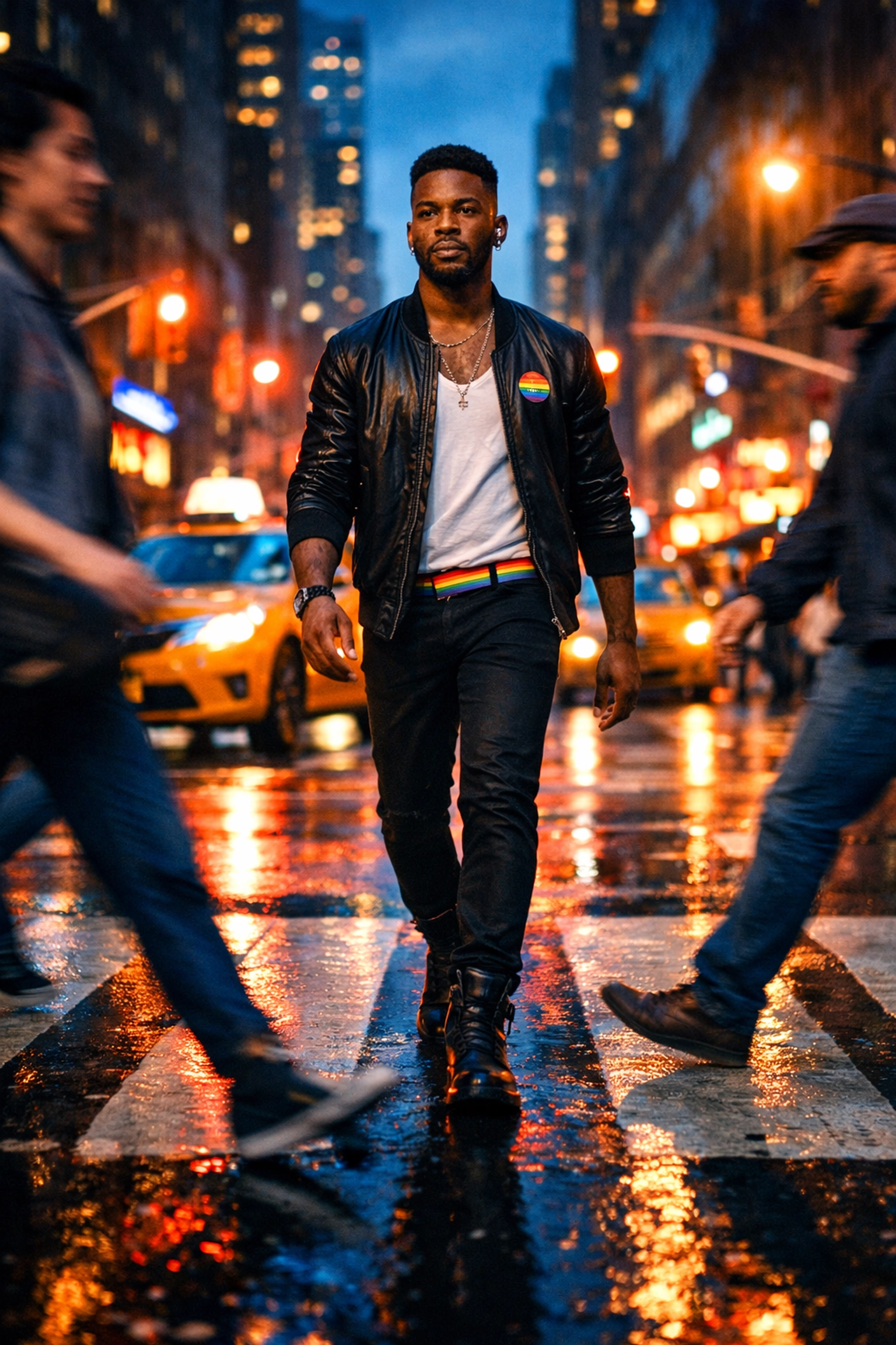 Confident Black gay man walking through busy New York City streets at dusk