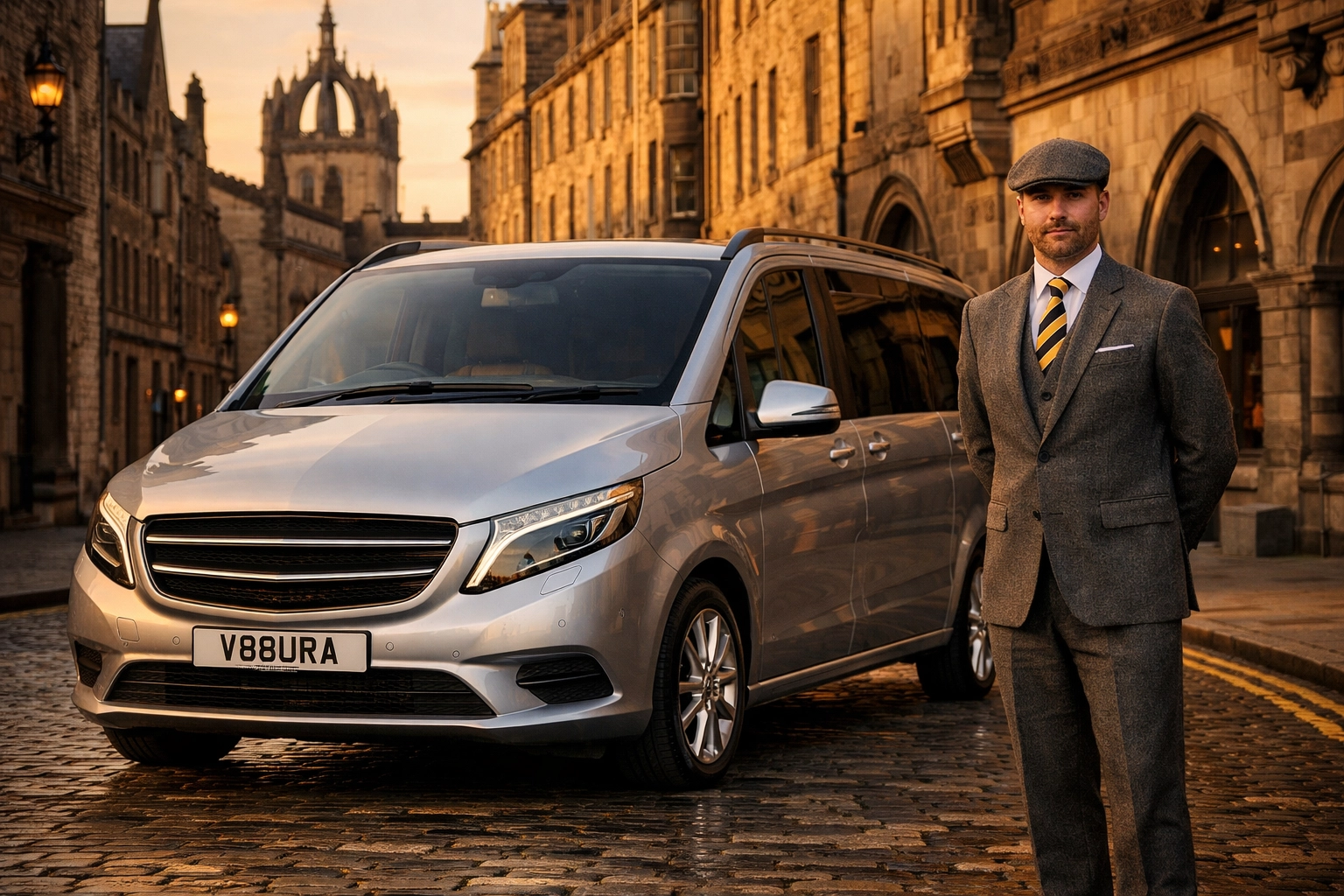 Silver Mercedes-Benz V-Class and professional chauffeur on the Royal Mile for luxury Edinburgh chauffeur hire.