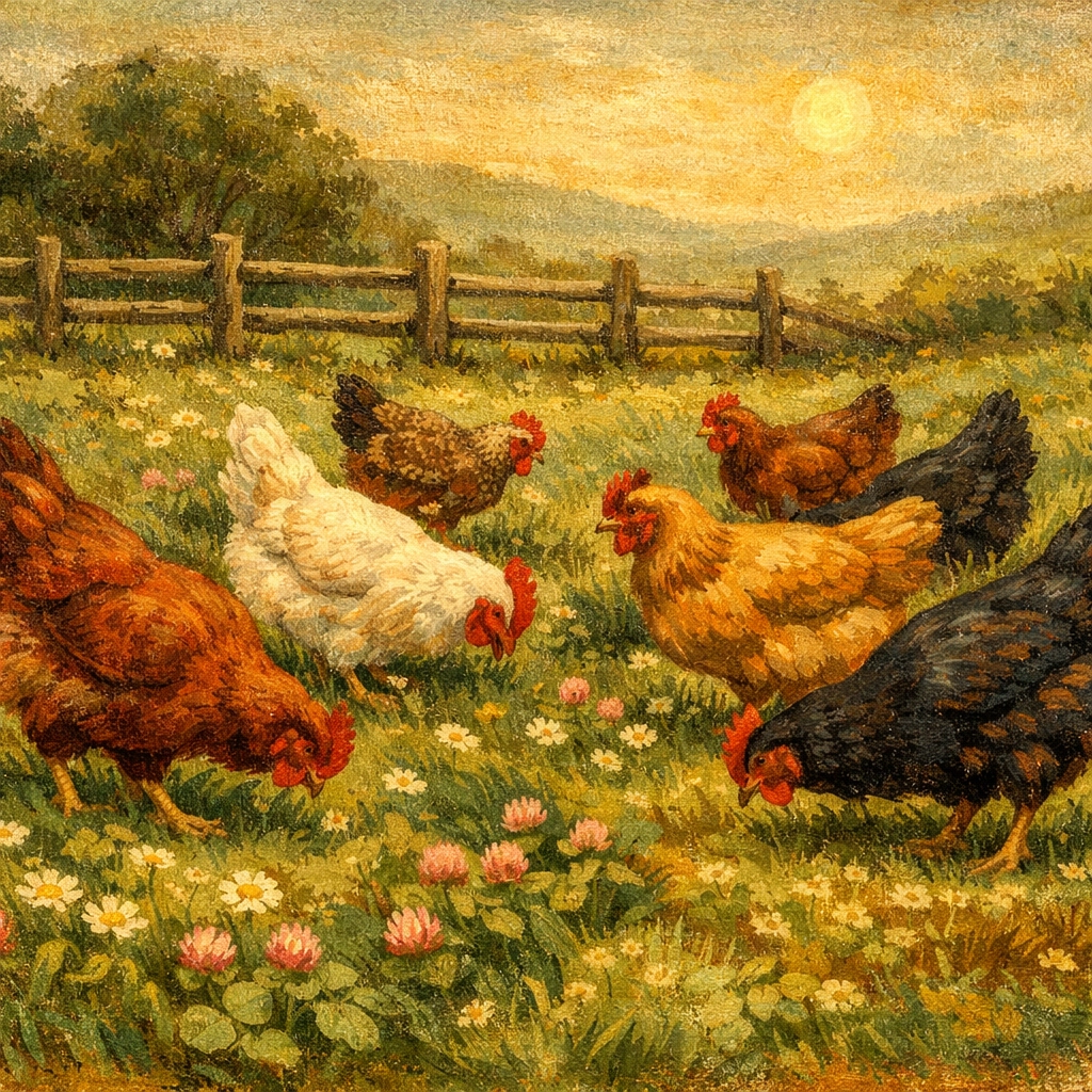 A flock of pasture-raised hens foraging in a green field at Faithful Flock Farm.