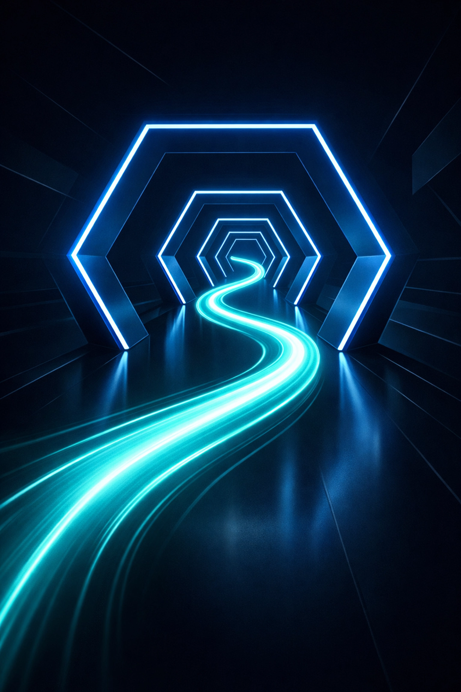 Teal light path weaving through digital gates representing an optimized and efficient functional user journey.