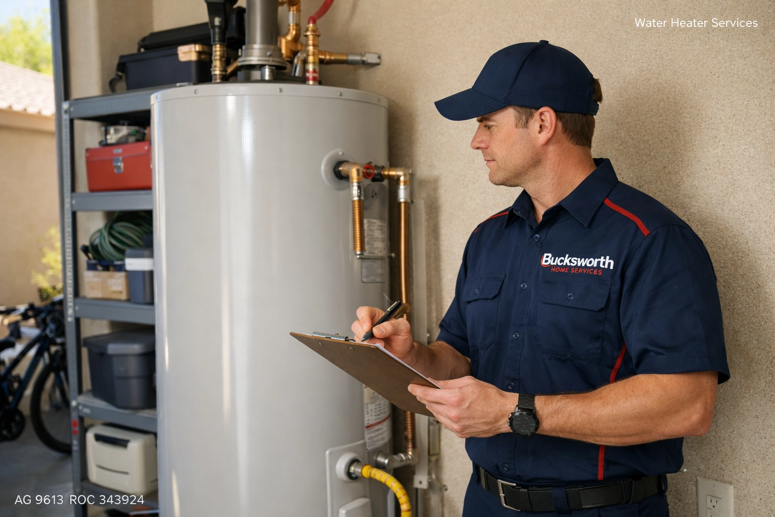 Professional Bucksworth technician inspecting a tank water heater in a Fountain Hills home garage.