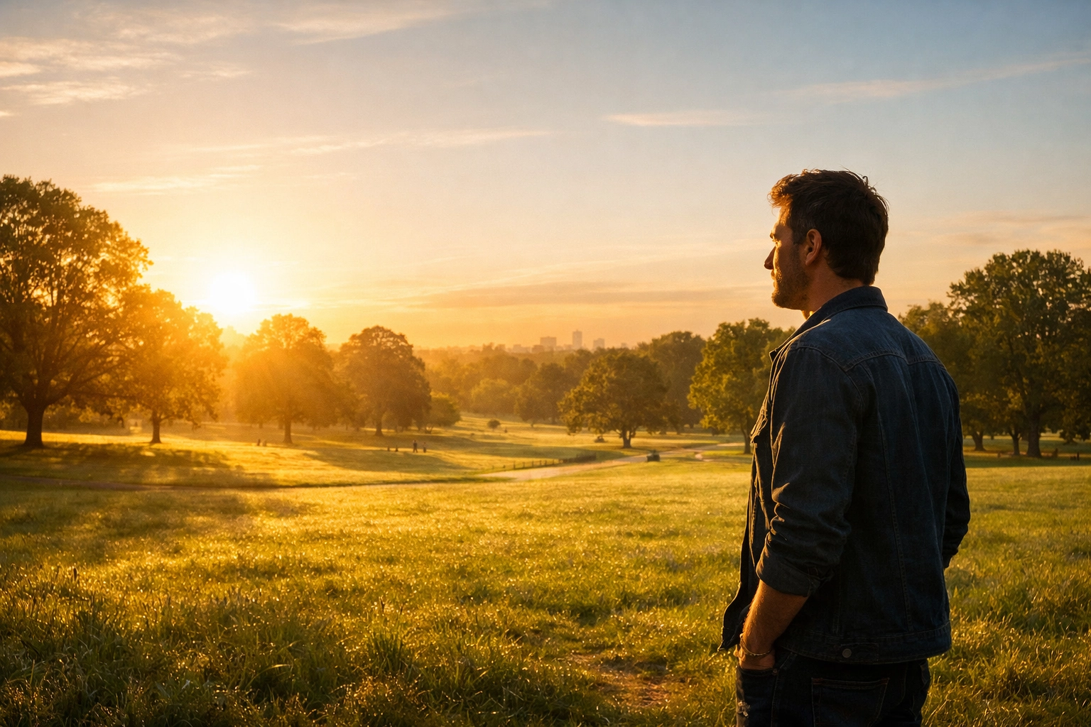 A man stands in a sunlit public park, representing the freedom to speak and share faith in the public square.