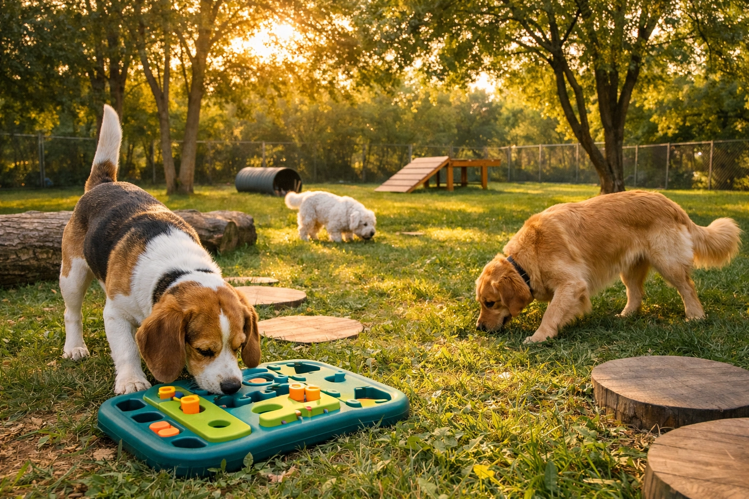 Dogs engaged in enrichment activities at a Portland pet care facility, expressing natural behaviors