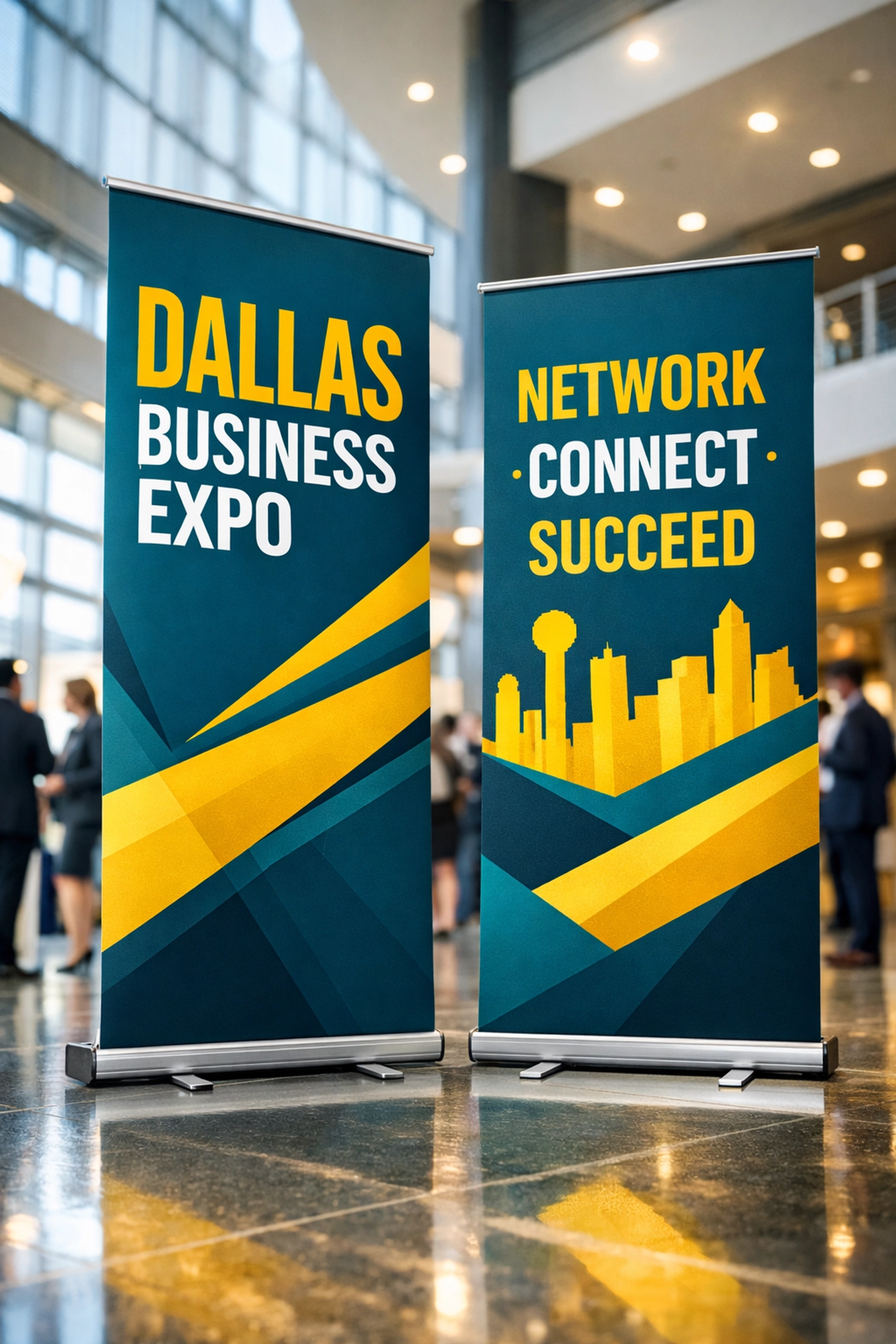Professional pop-up banners standing in a DFW convention center to enhance event marketing and signage.