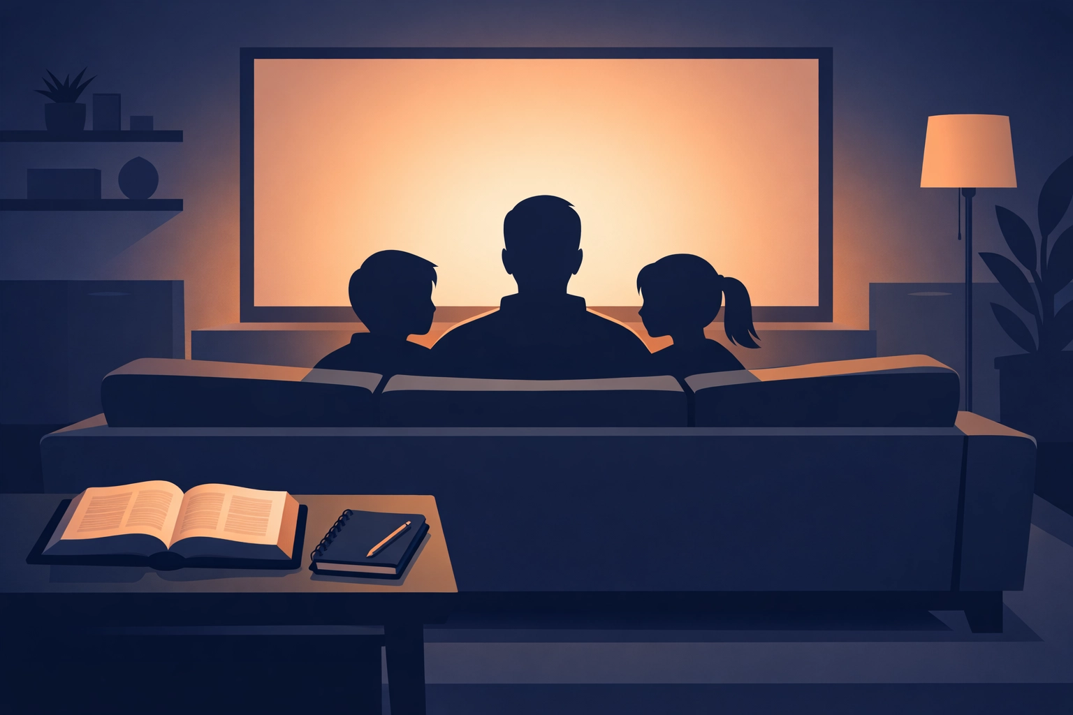 Christian family gathered in living room for movie night discussion with Bible on side table