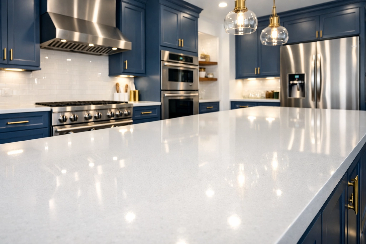 Modern luxury kitchen with a gleaming quartz island and spotless blue cabinets after a professional clean.