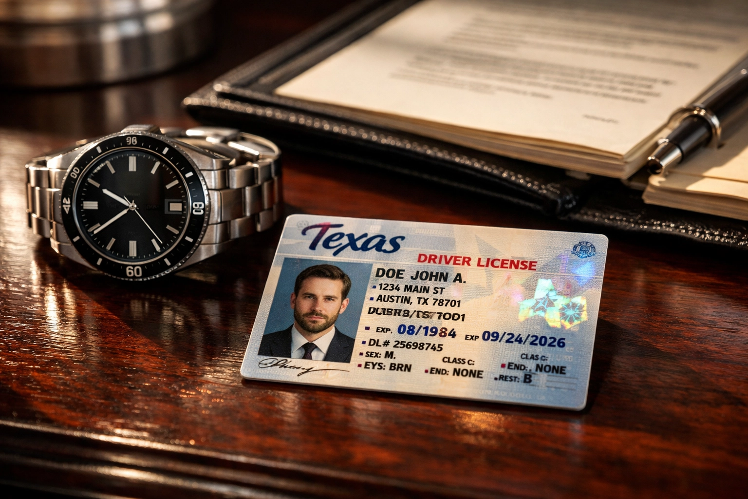 A Texas driver's license and wristwatch on a legal desk, highlighting the 15-day ALR hearing deadline for DWI charges.