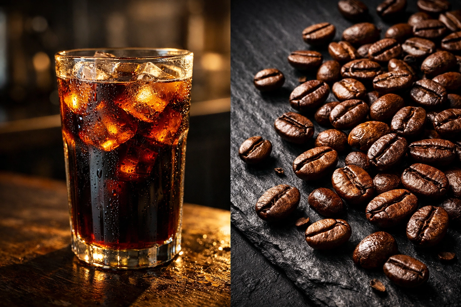 Cold brew coffee over ice with fresh roasted coffee beans for home brewing