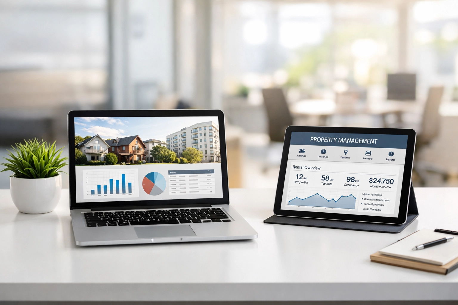 Modern property manager workspace with a laptop and tablet on a clean white desk in a sunlit office.