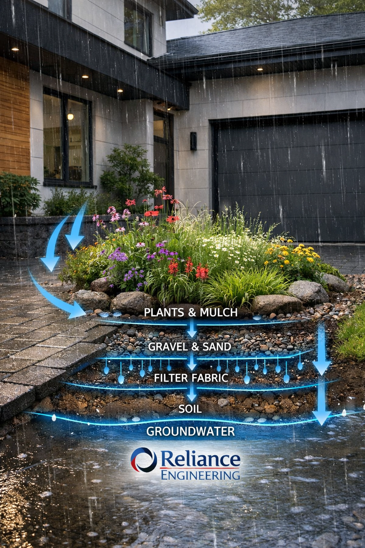 LID design features including a rain garden and permeable pavers on a GTA residential property.