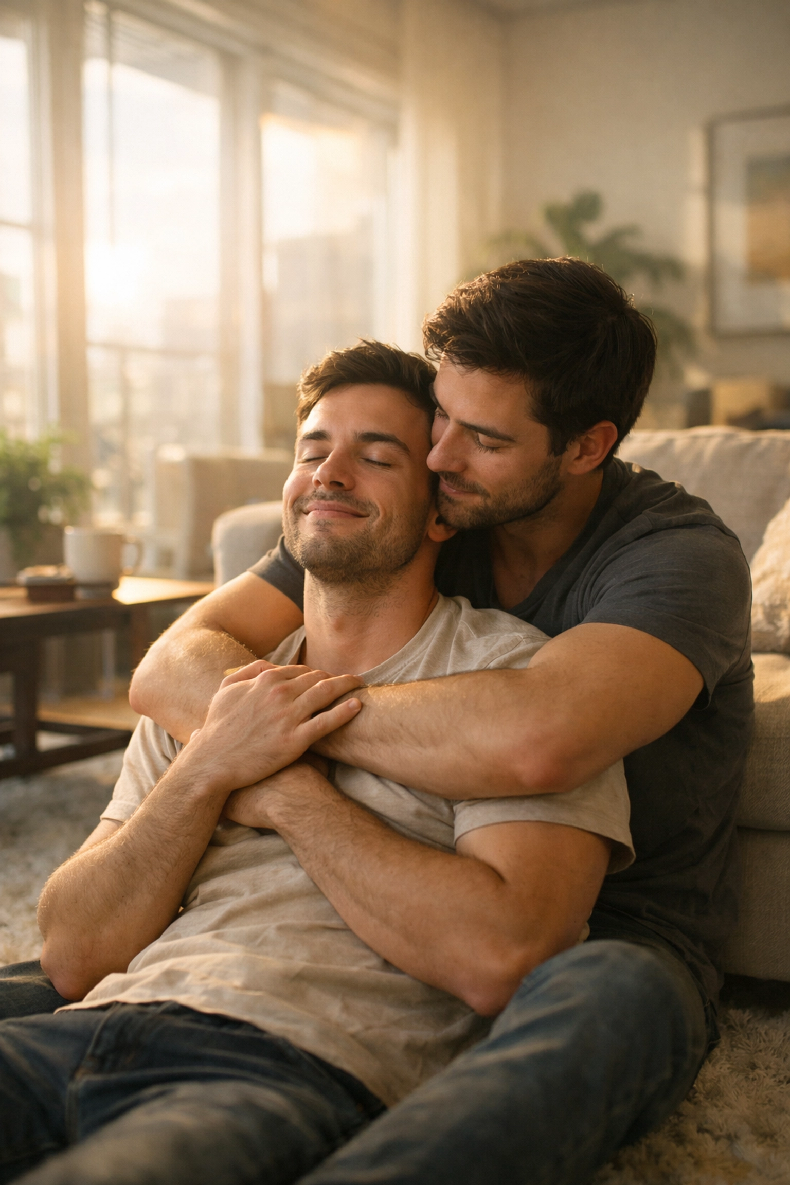 Two men sharing an intimate moment of connection, representing the emotional side of MM romance.