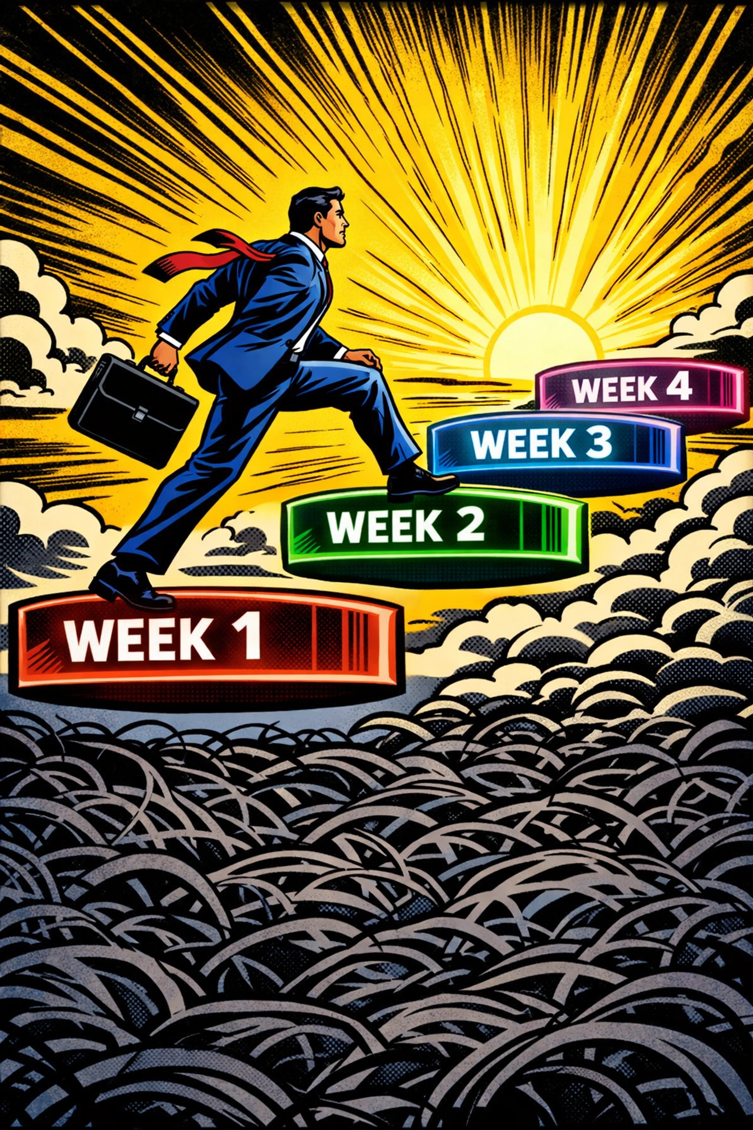 Business owner using business automation tools to follow a 4-week workflow implementation plan.