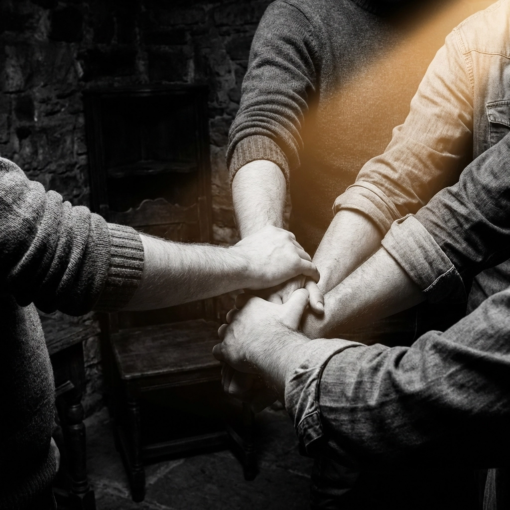 Intertwined male bodies in a dimly lit room, illustrating the complex dynamics of group sex encounters.