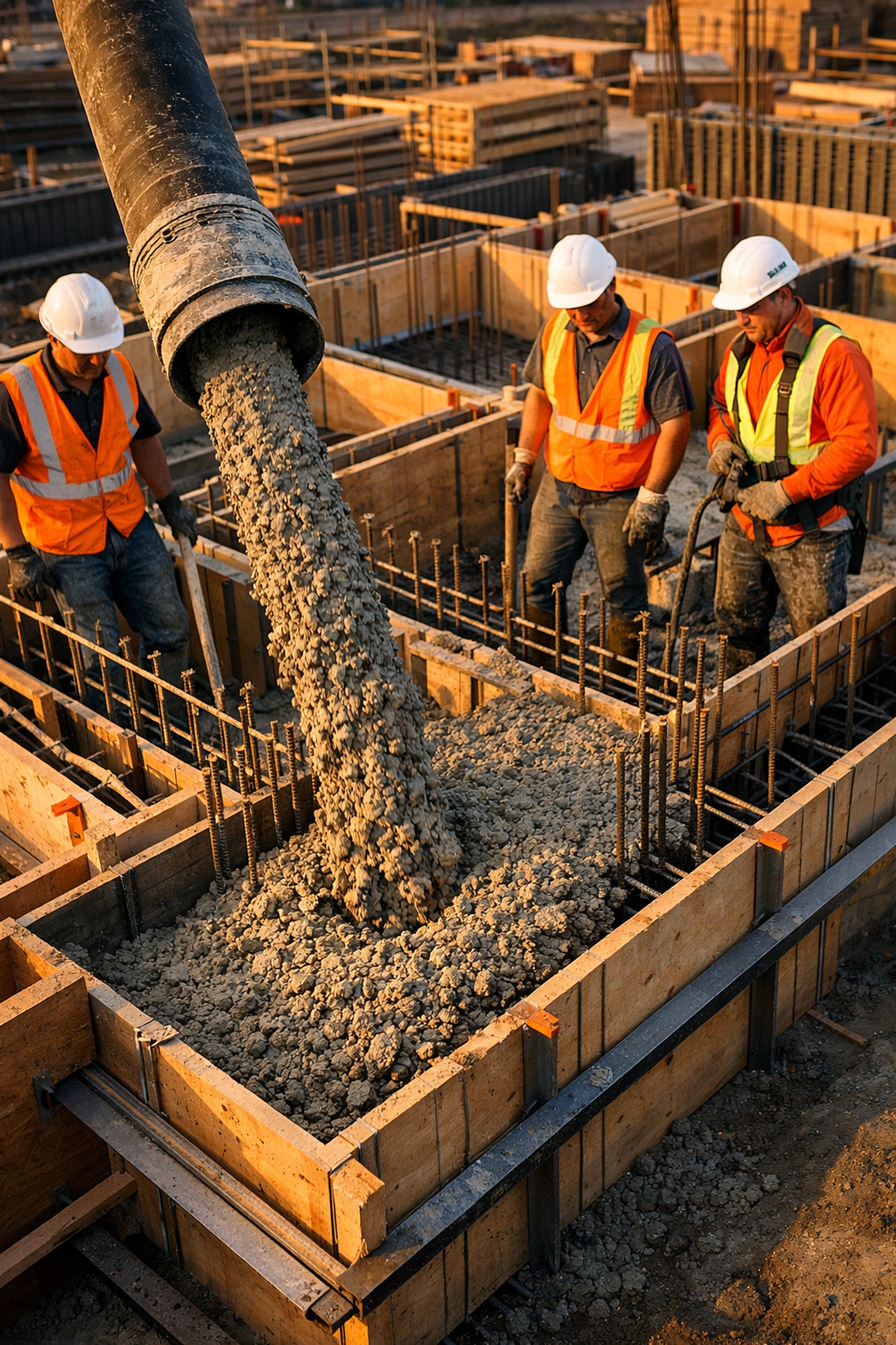 Low-carbon concrete being poured at Bay Area construction site with sustainable building practices