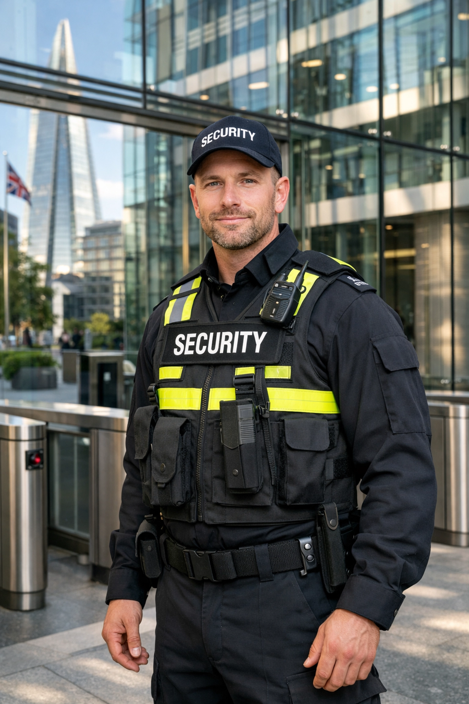 Professional KGFM security guard in a high-visibility vest at a modern London corporate building entrance.