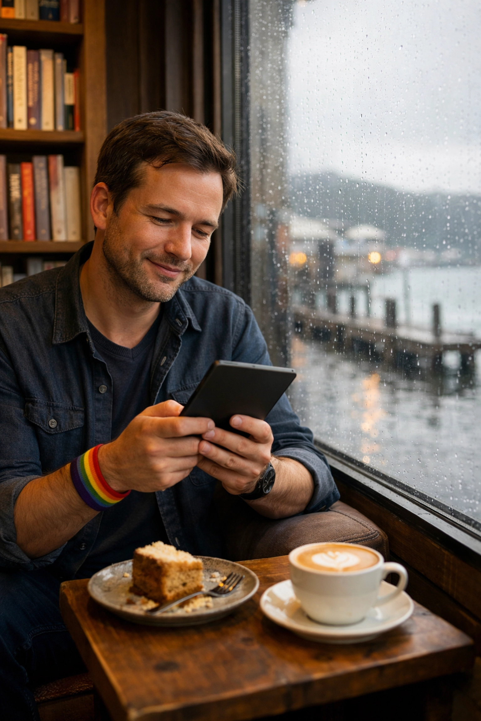 A man reading an LGBTQ+ ebook in a cozy Wellington bookstore cafe, capturing the quiet intimacy of gay fiction.