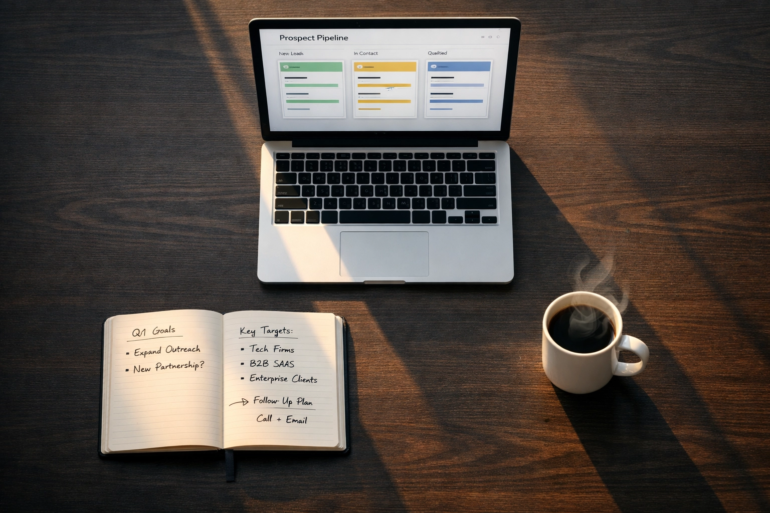 Founder's workspace with AI prospecting interface and strategic notes for in-house sales setup