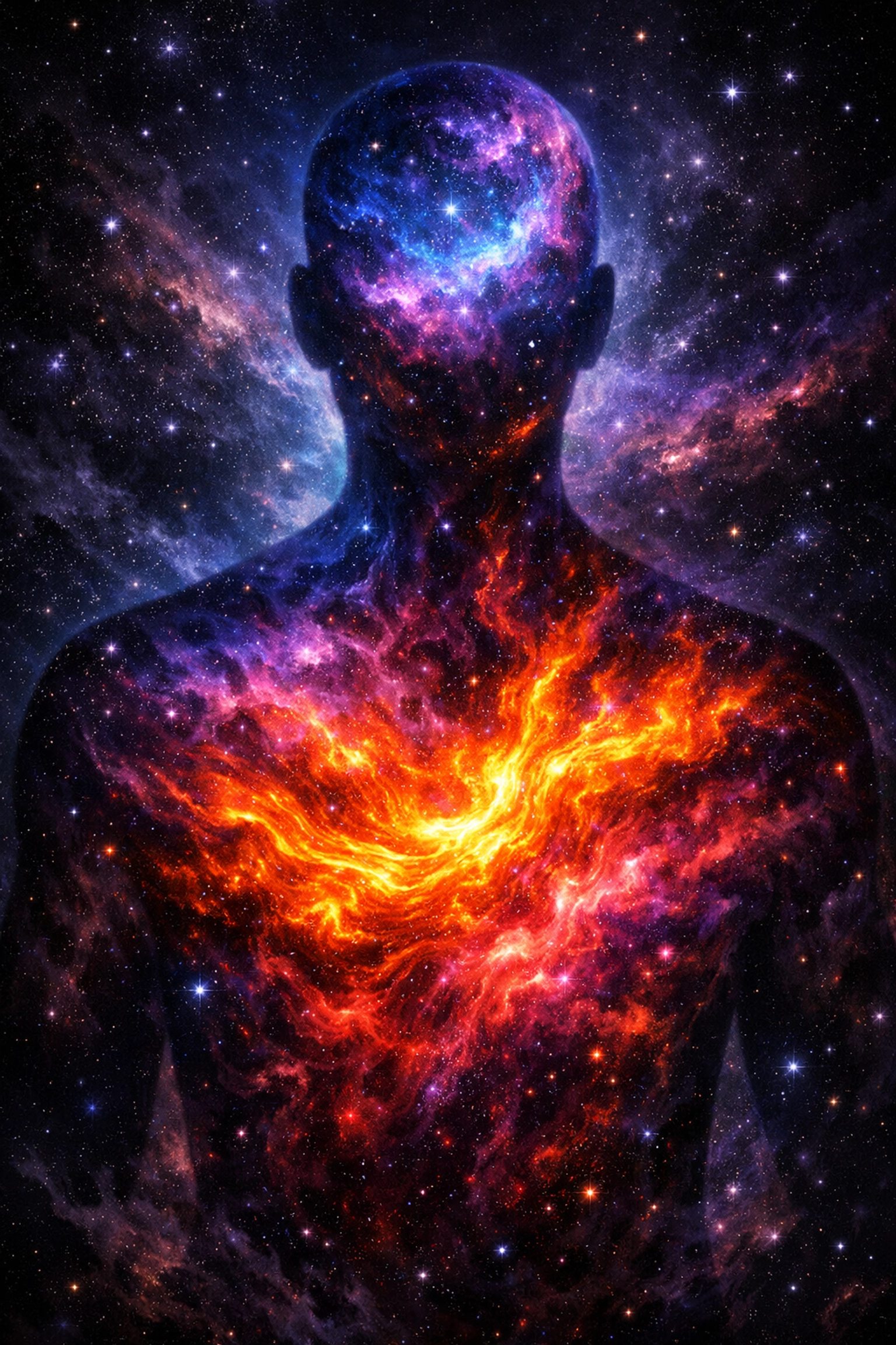 A visionary silhouette with a nebula interior representing the journey of feeling better to achieve alignment.