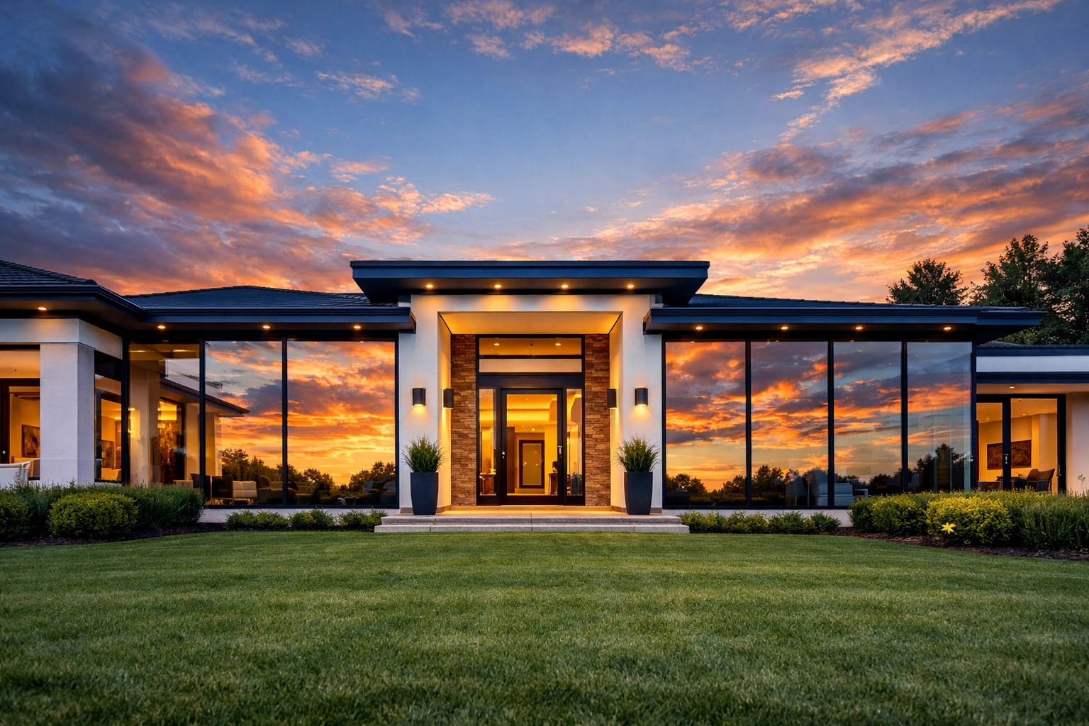 Luxury modern home with sparkling clean windows reflecting a sunset to enhance curb appeal.
