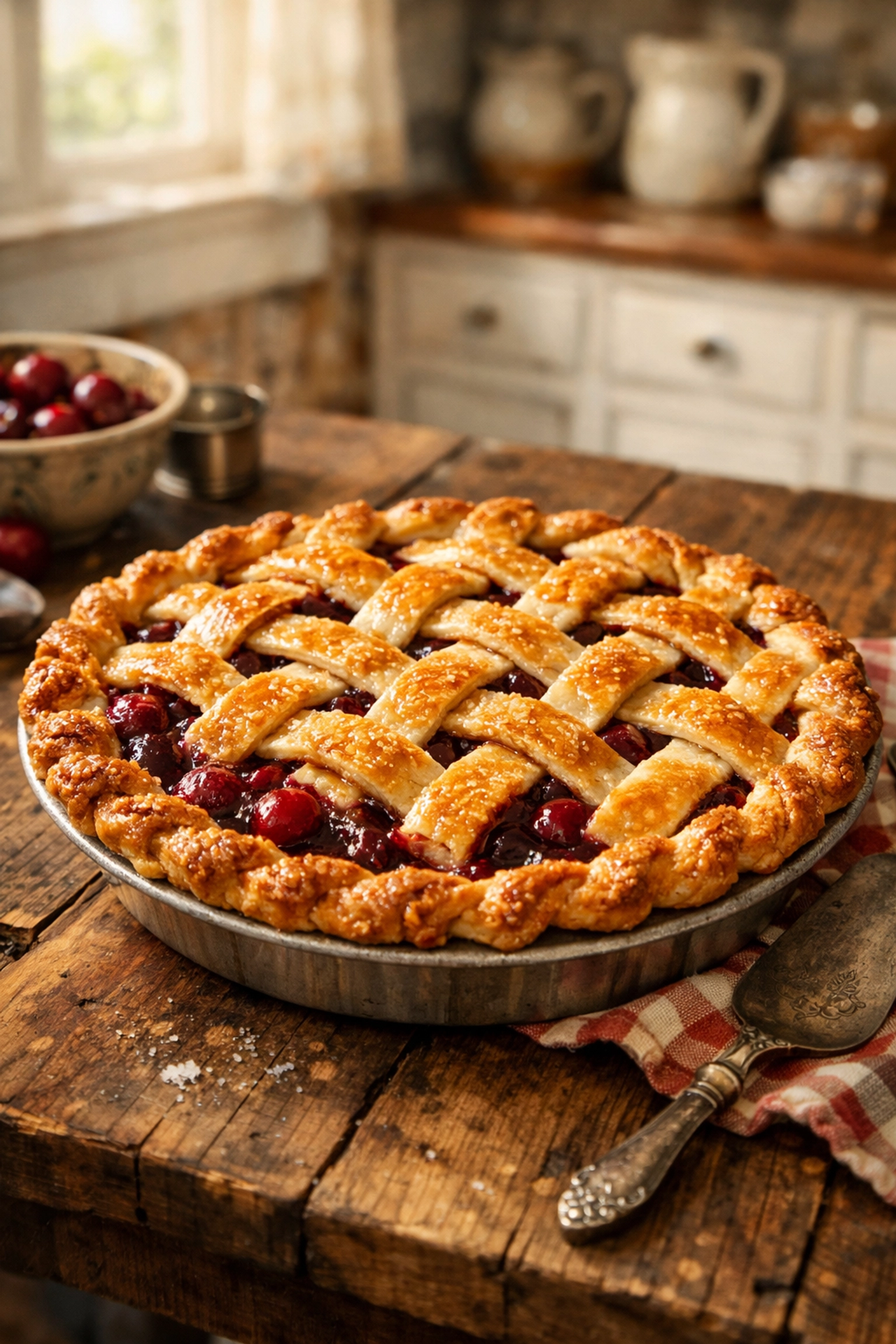 Homemade cherry pie with golden lattice crust on rustic table