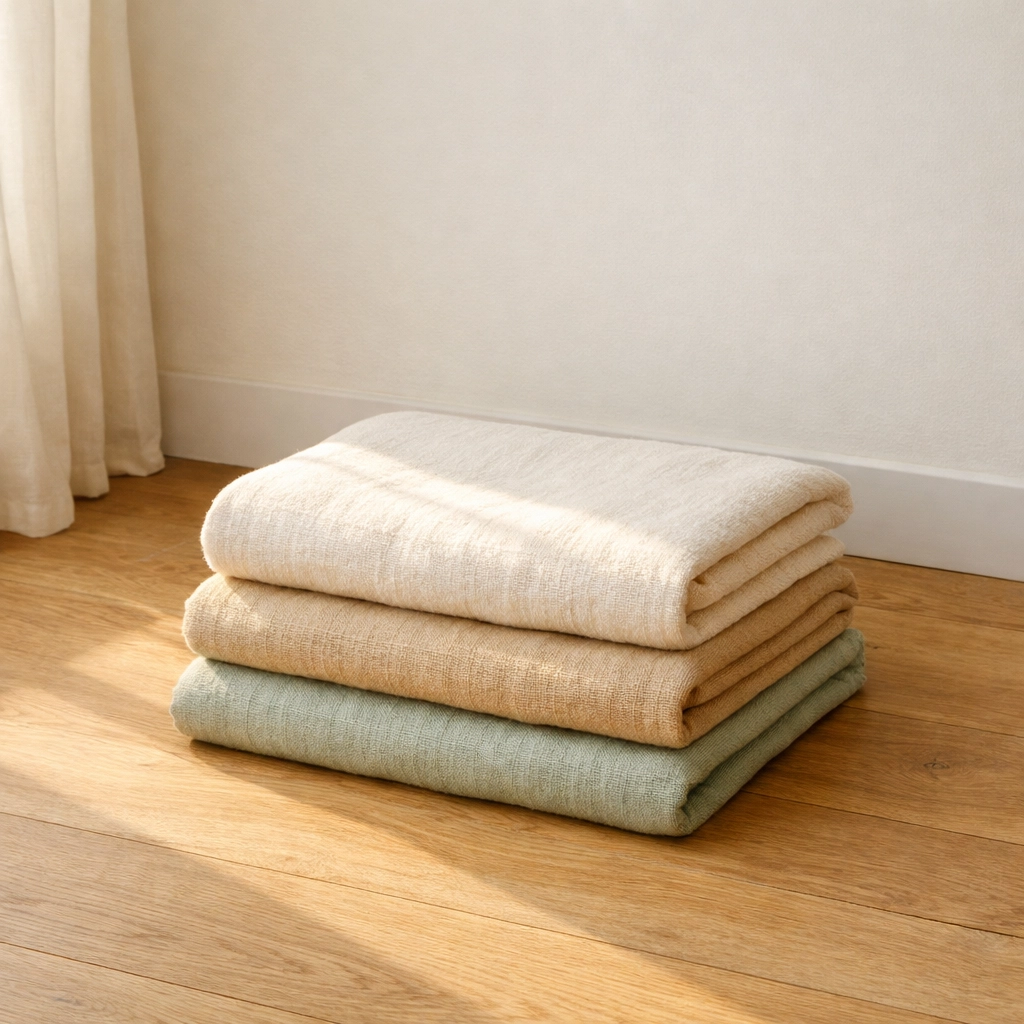 Soft linen blankets in a sunlit corner, reflecting the ease of acupuncture St. Pete treatments.