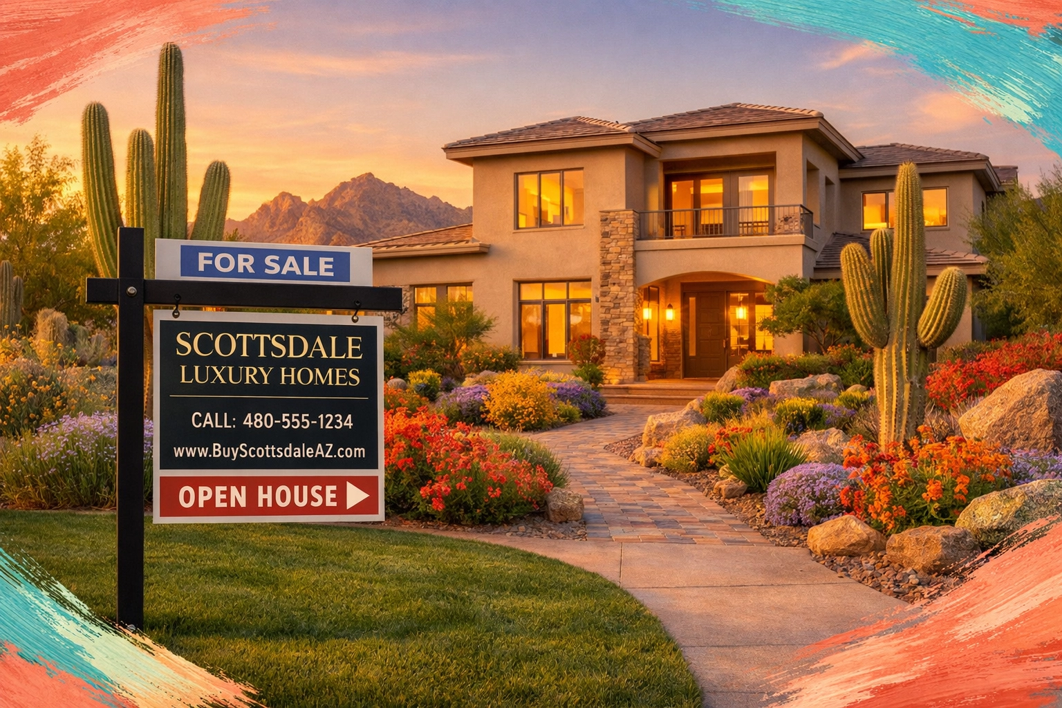 Scottsdale luxury home with professional yard sign and desert landscaping at sunset