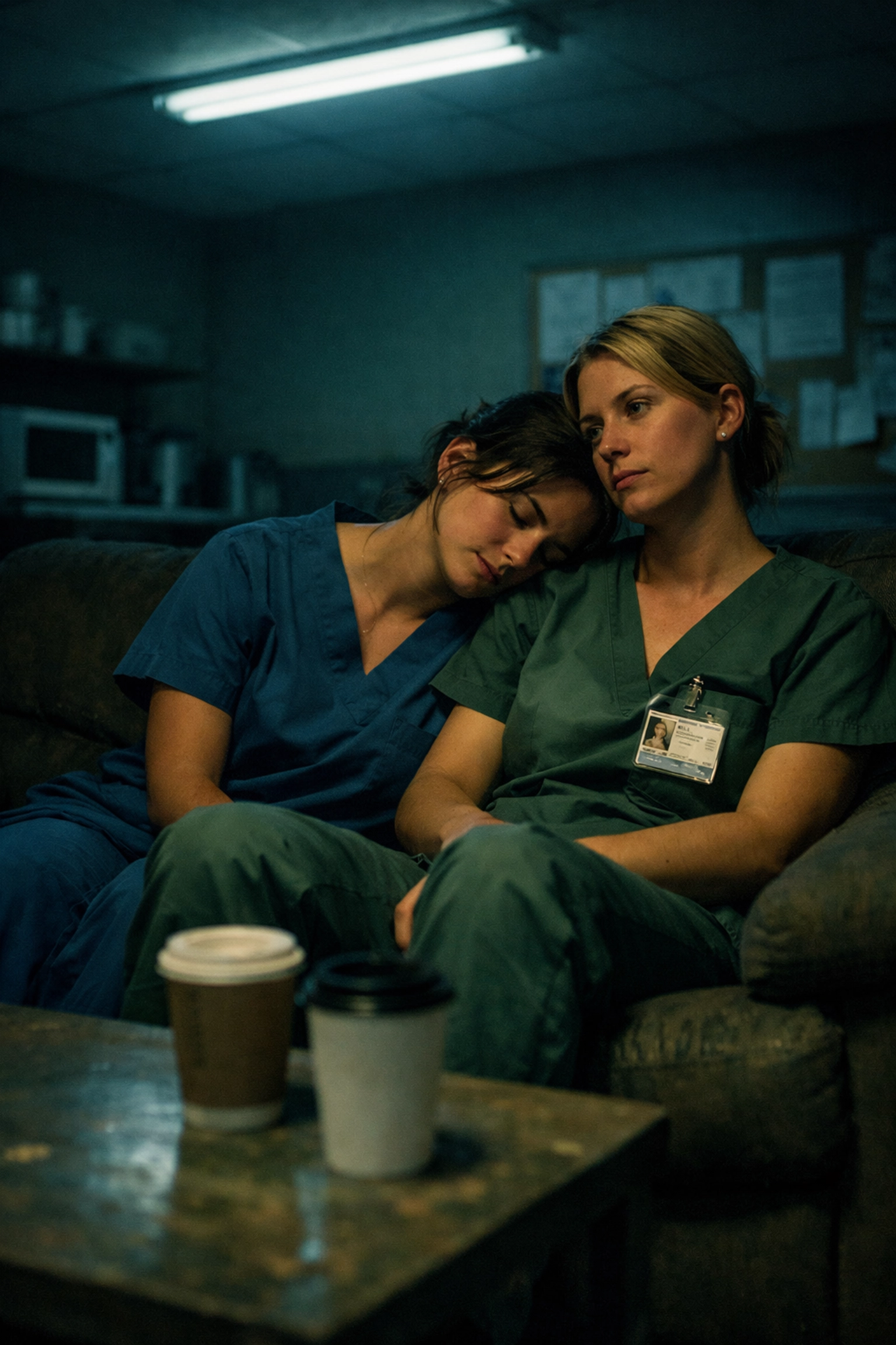 Two lesbian nurses sitting together during night shift in hospital breakroom