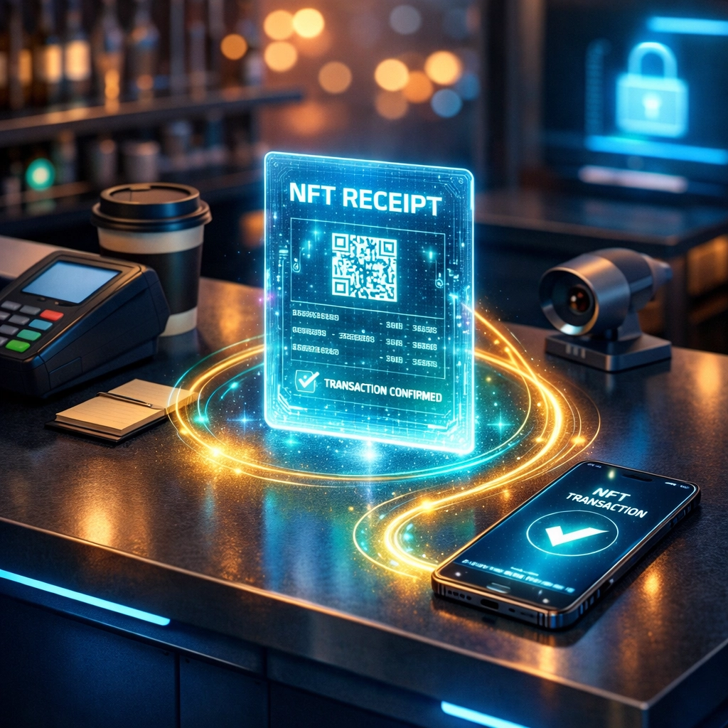 Digital NFT receipt on a smartphone at a merchant counter for secure crypto POS transactions and accounting.