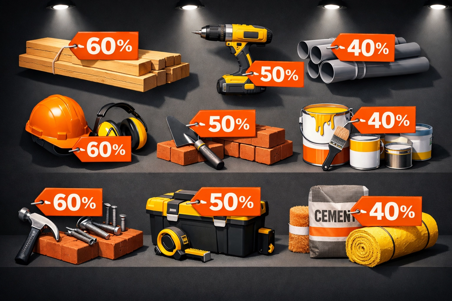 Construction materials and tools with 60% off discount tags showing online savings opportunities