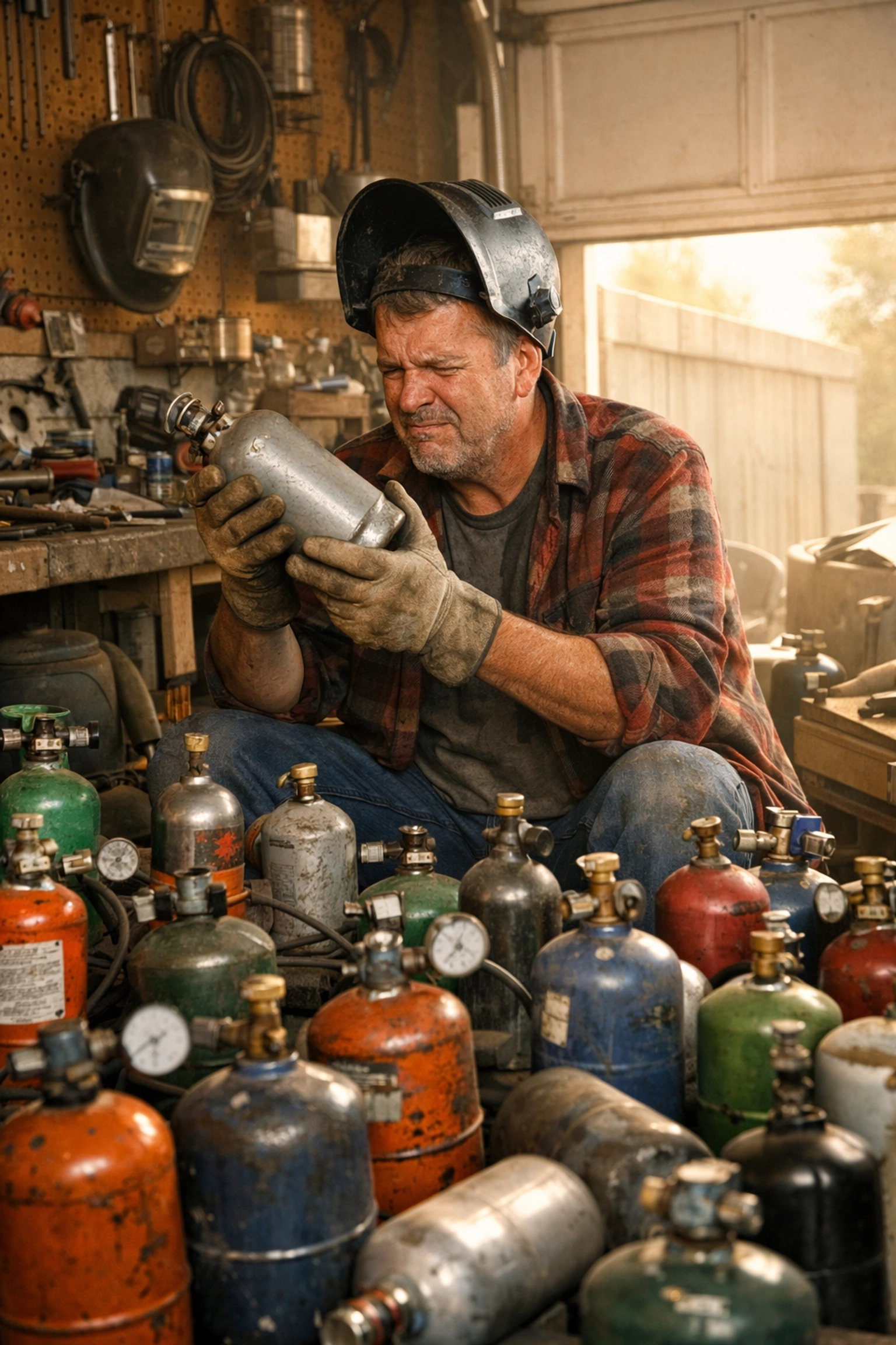 Cluttered garage workshop with multiple small welding gas bottles showing poor storage planning