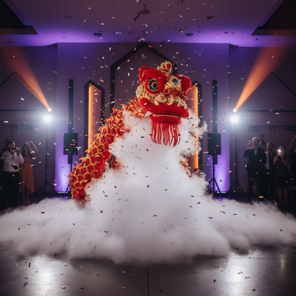 Red and gold lion dance amidst fog and confetti in a dimly lit room with people taking photos, creating a festive atmosphere.