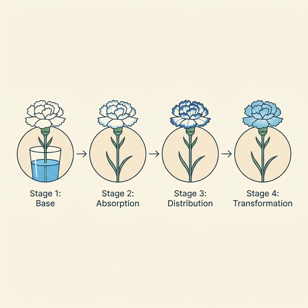 Step-by-step illustration of a white carnation changing color in blue water, showing stages of the experiment
