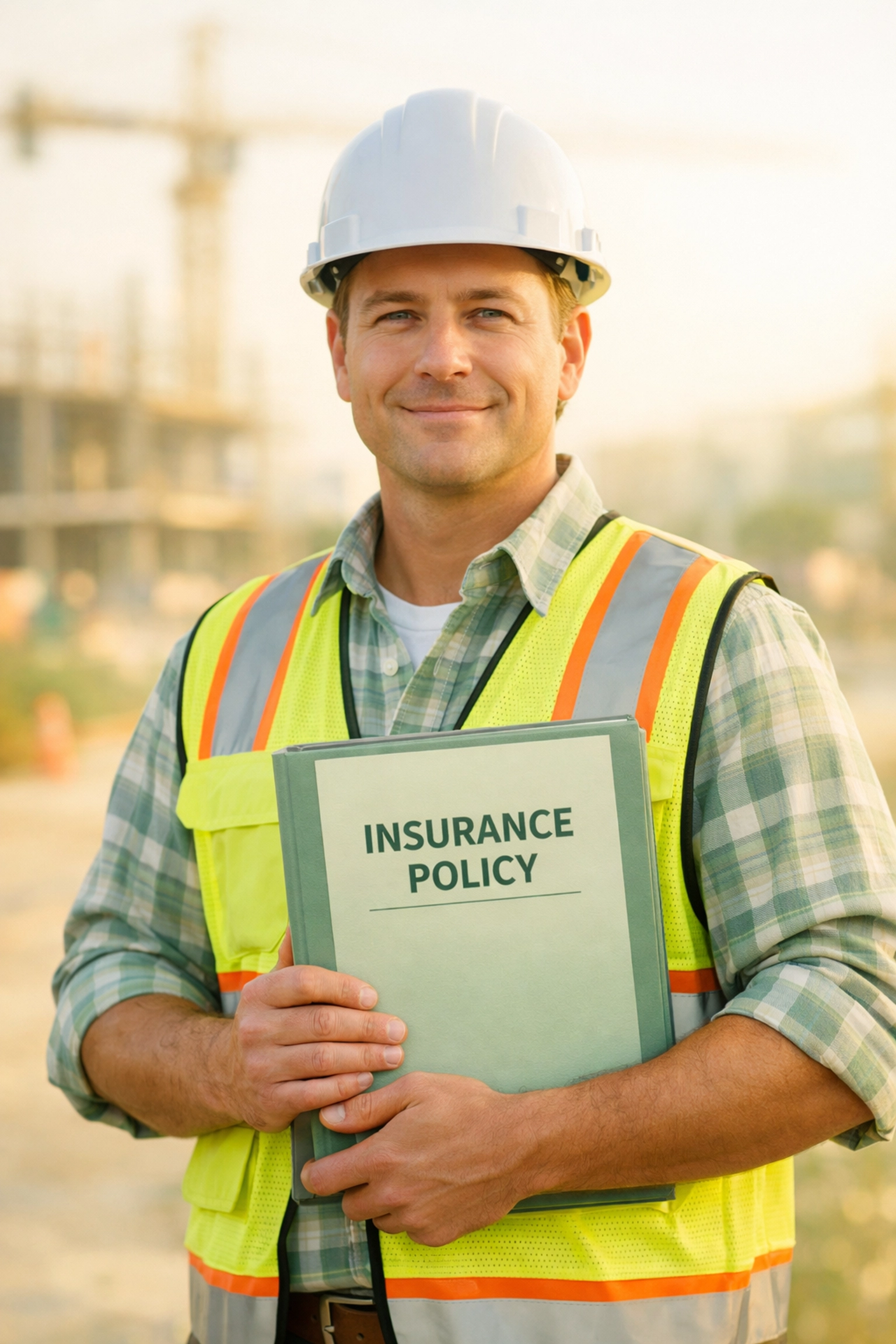 Construction contractor holding workers comp insurance policy documents on job site