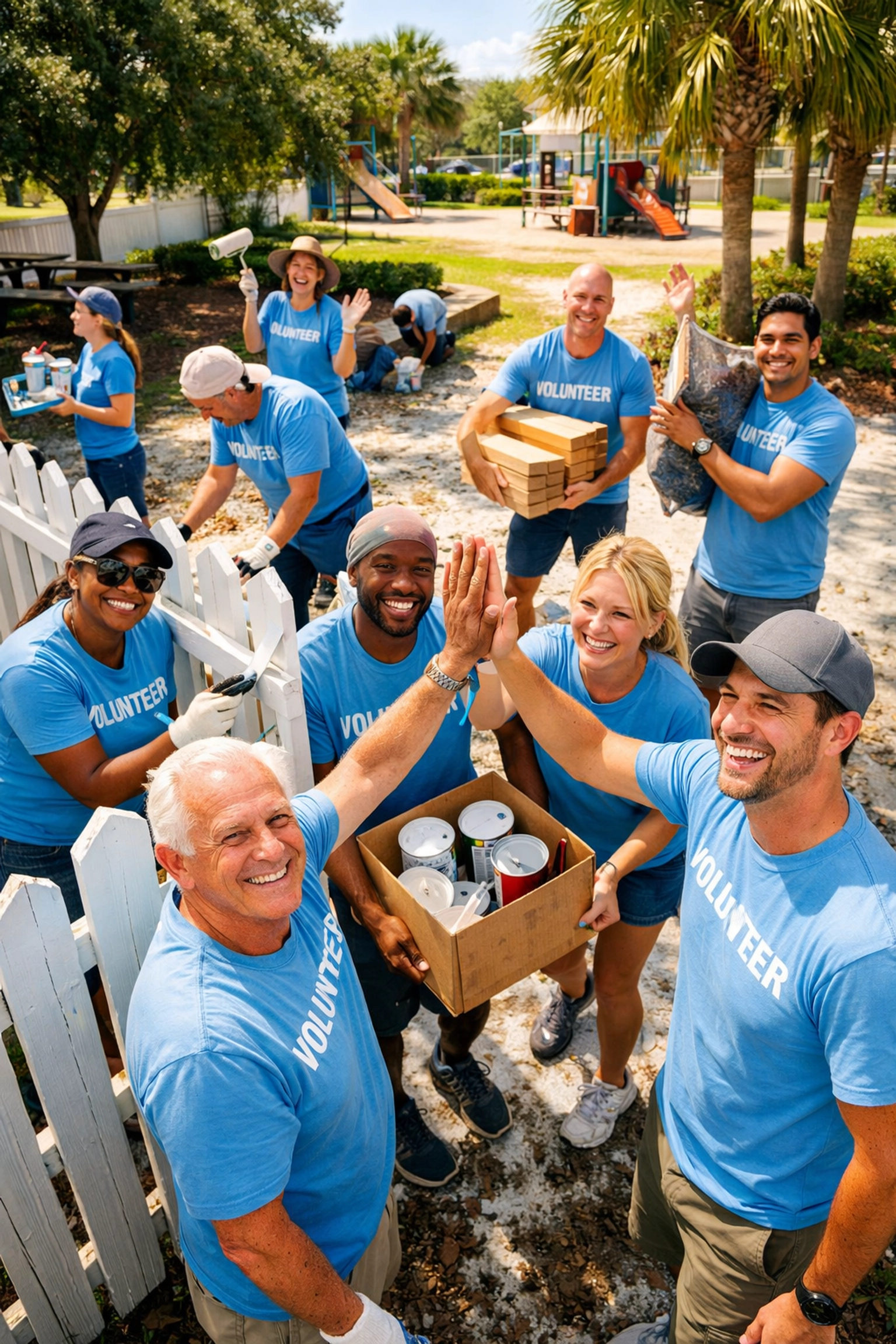 A diverse team of volunteers refurbishing a community space in Clermont, Florida.
