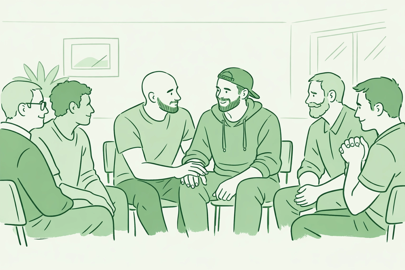 Diverse men sitting together in a supportive community circle, illustrating queer resilience and belonging.