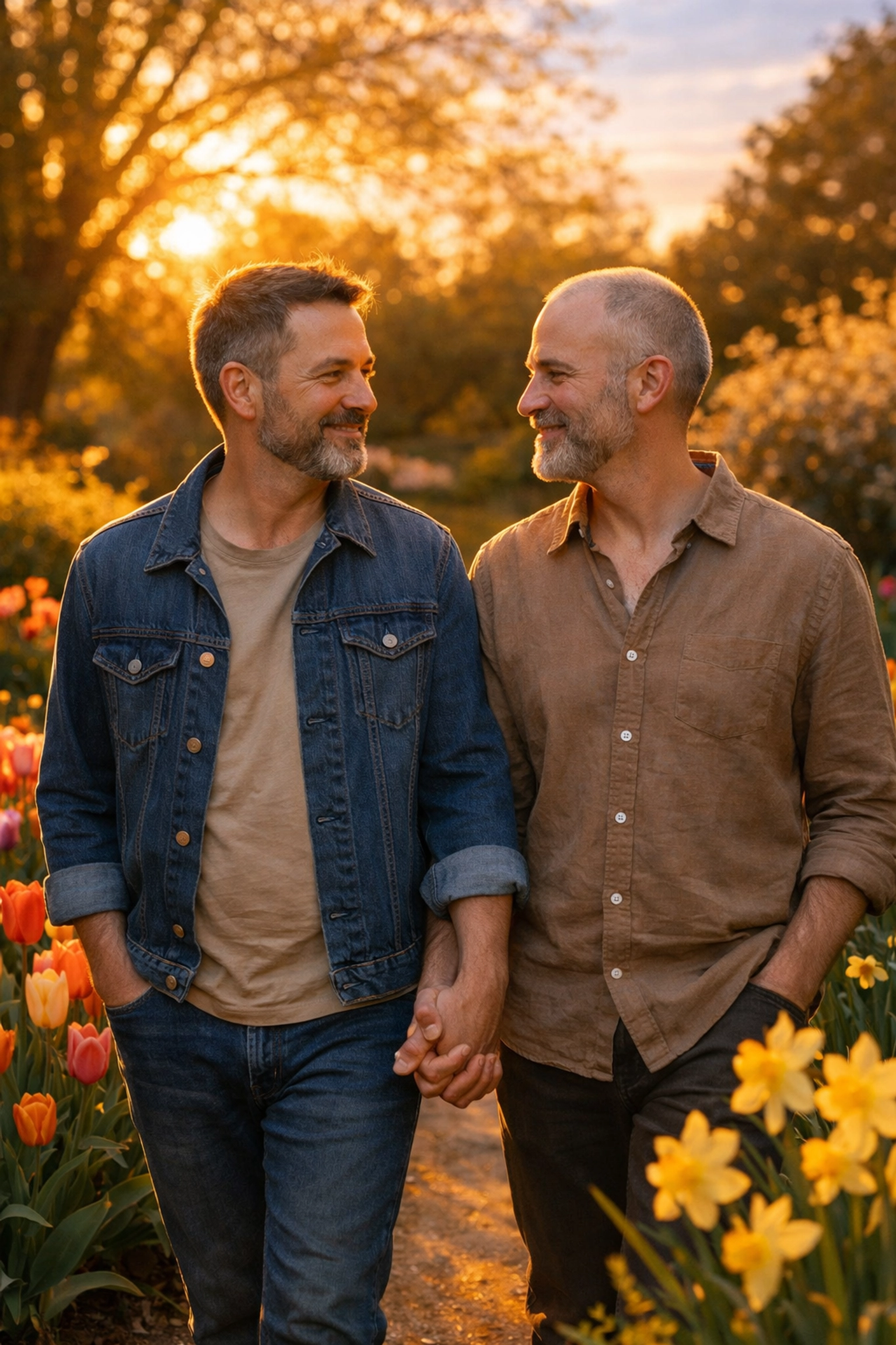 Gay couple holding hands in a spring garden, representing second chance gay romance novels.