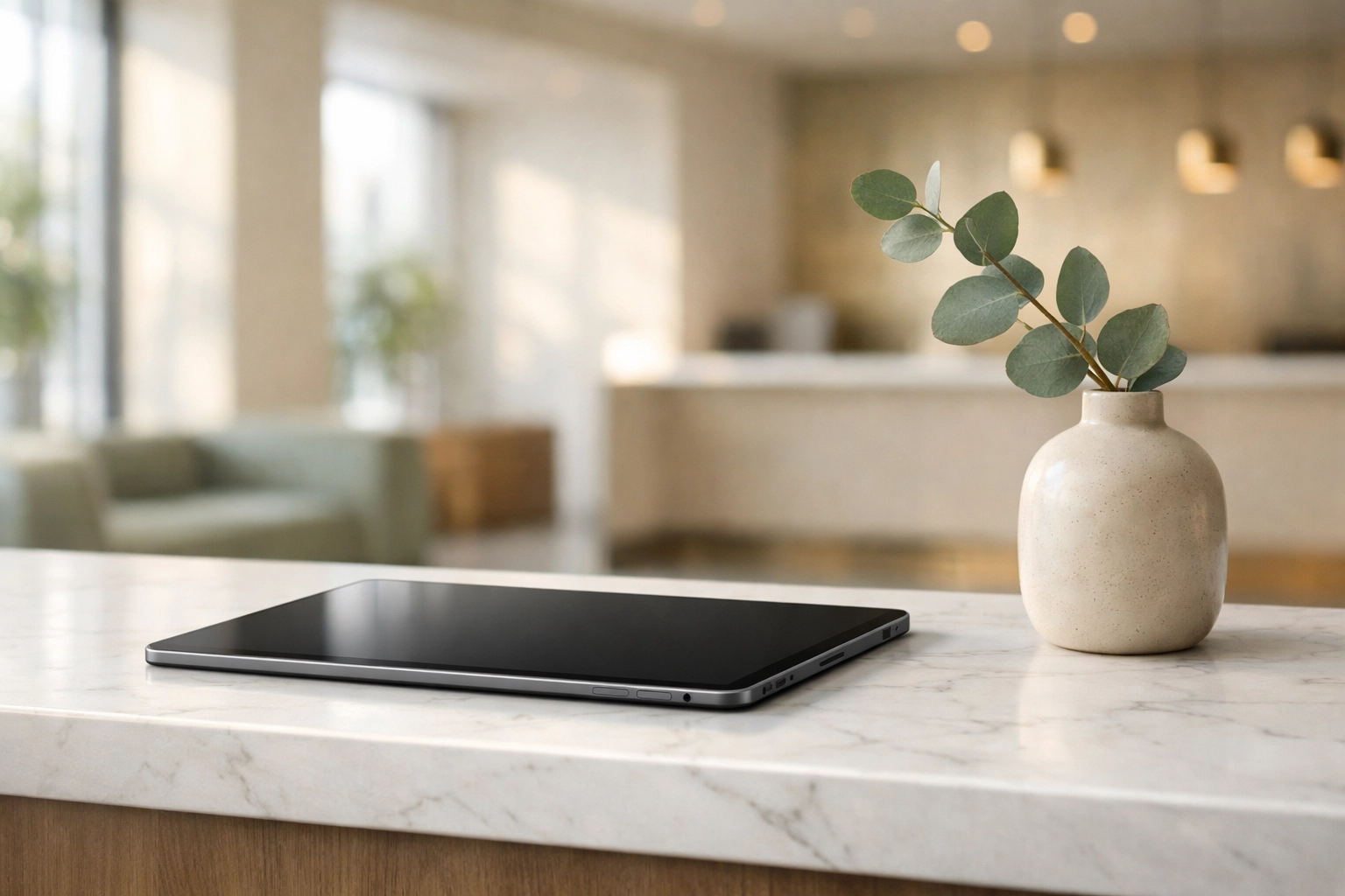 Modern cloud-native hotel management software on a tablet at a minimalist front desk.