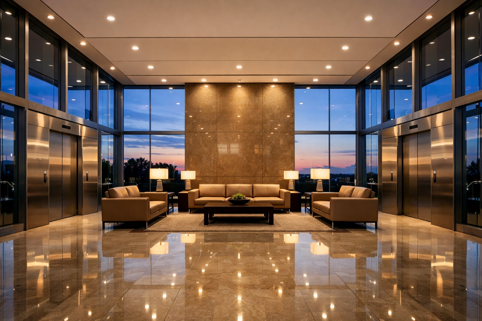 Modern office building lobby with polished floors showing professional cleaning standards