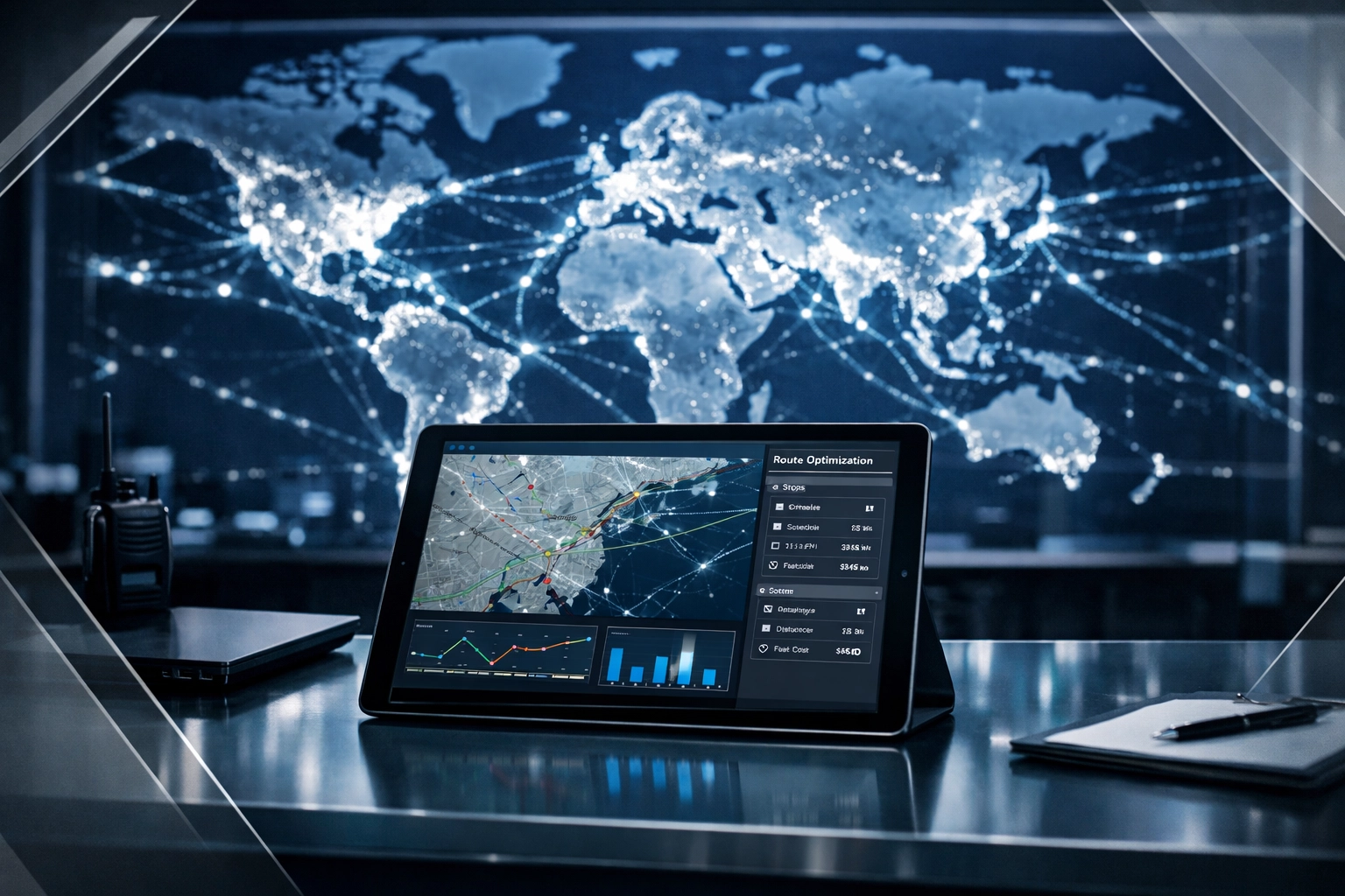 Rule Logistics strategic command center managing global trade routes and real-time shipping data.