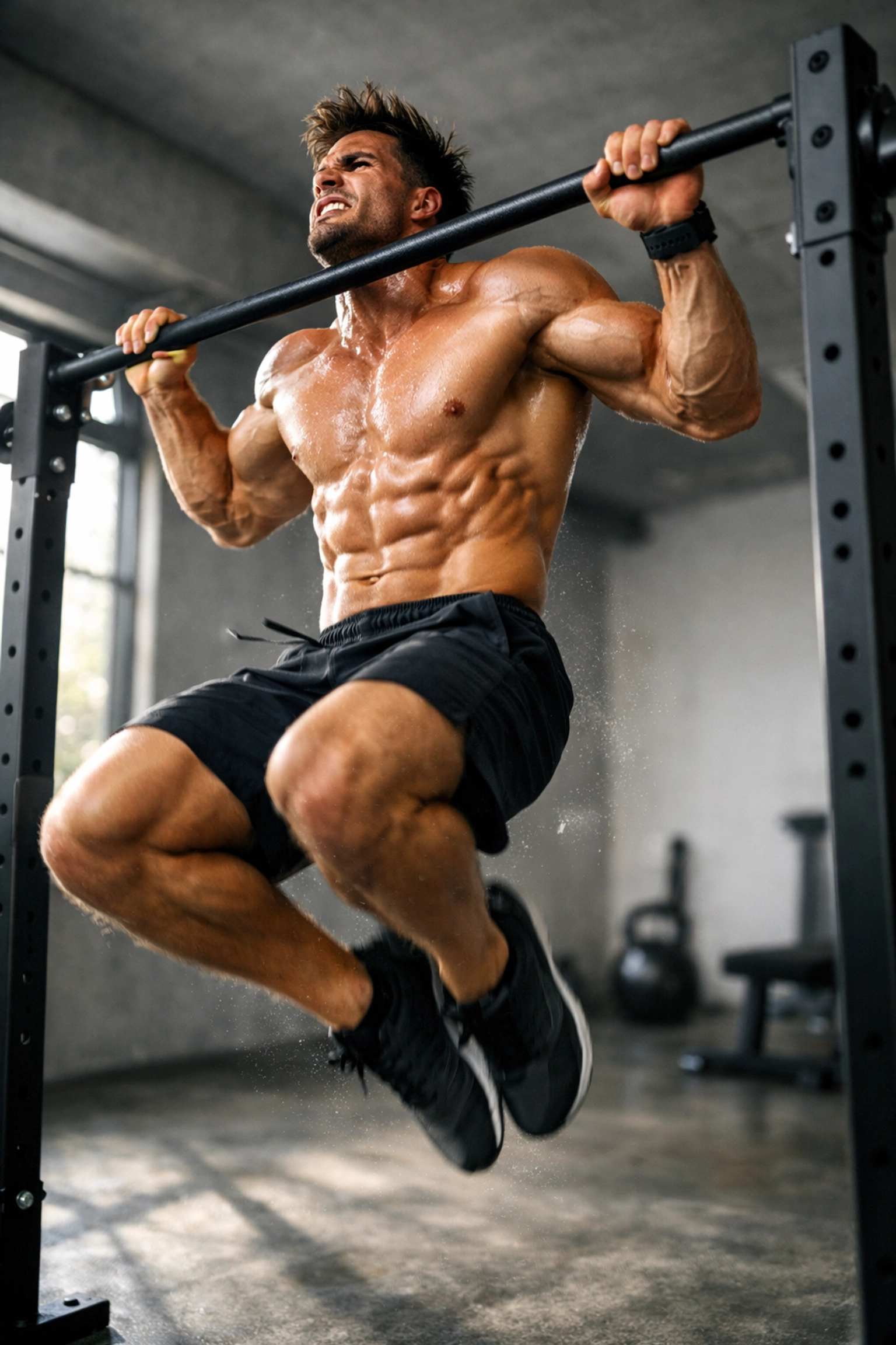 Athlete performing kipping pull-ups in home gym for ninja warrior training