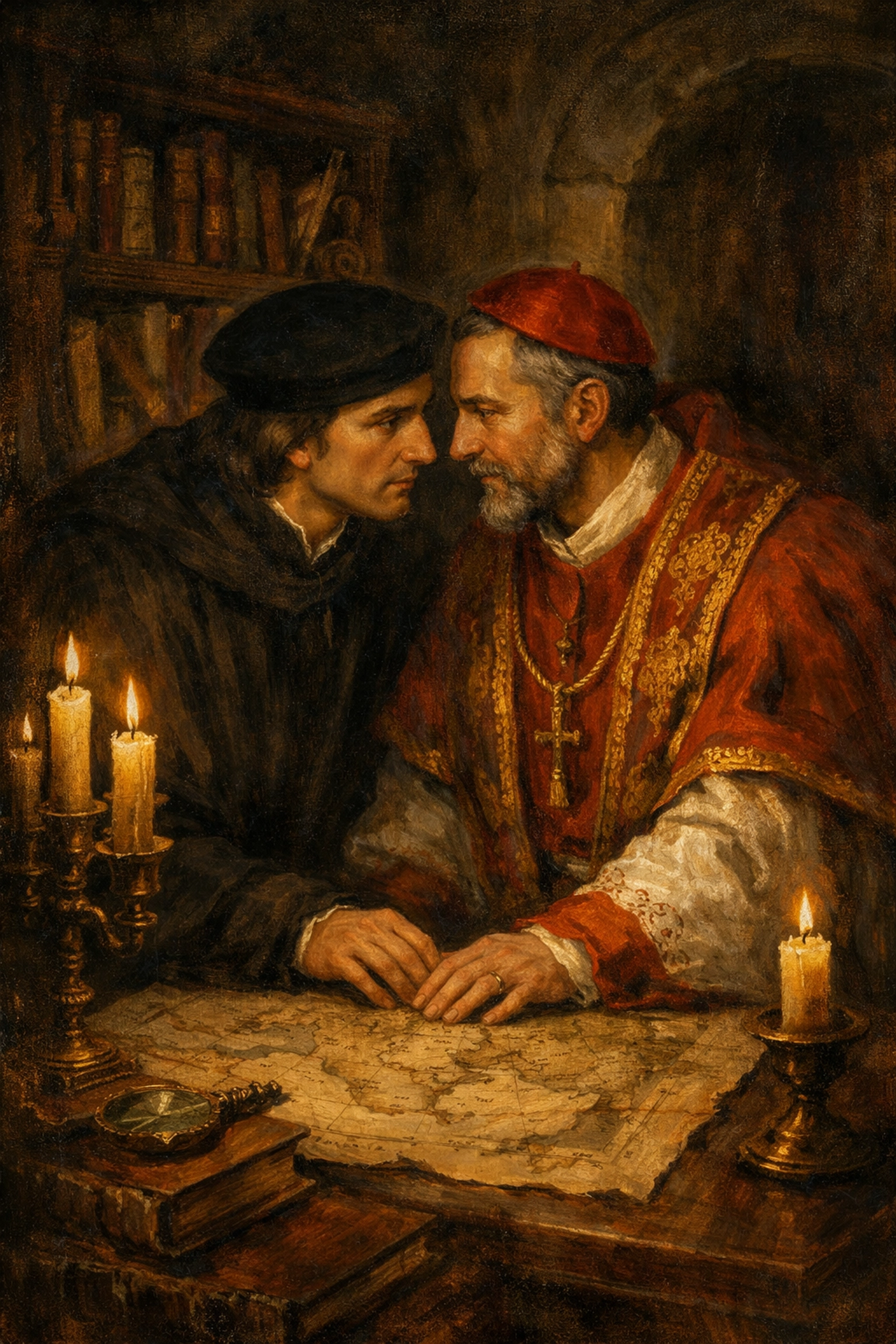 A romantic scene of two men in 15th-century attire in a secret library, reflecting MM historical romance themes.