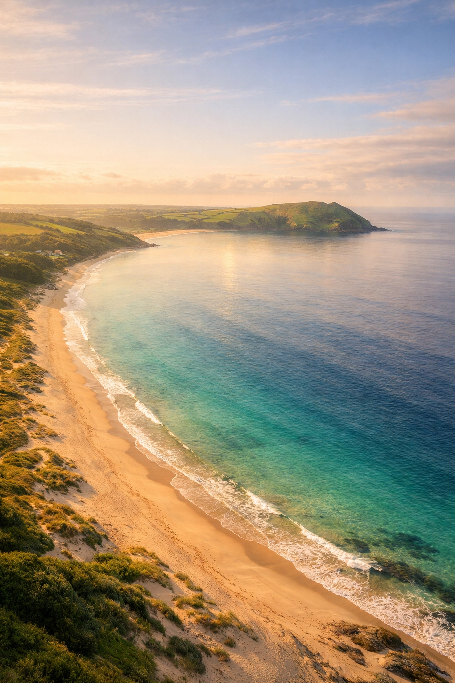Panoramic aerial view of Pendower Beach and Nare Head, Cornwall, ideal for a serene drone ashes scattering ceremony.