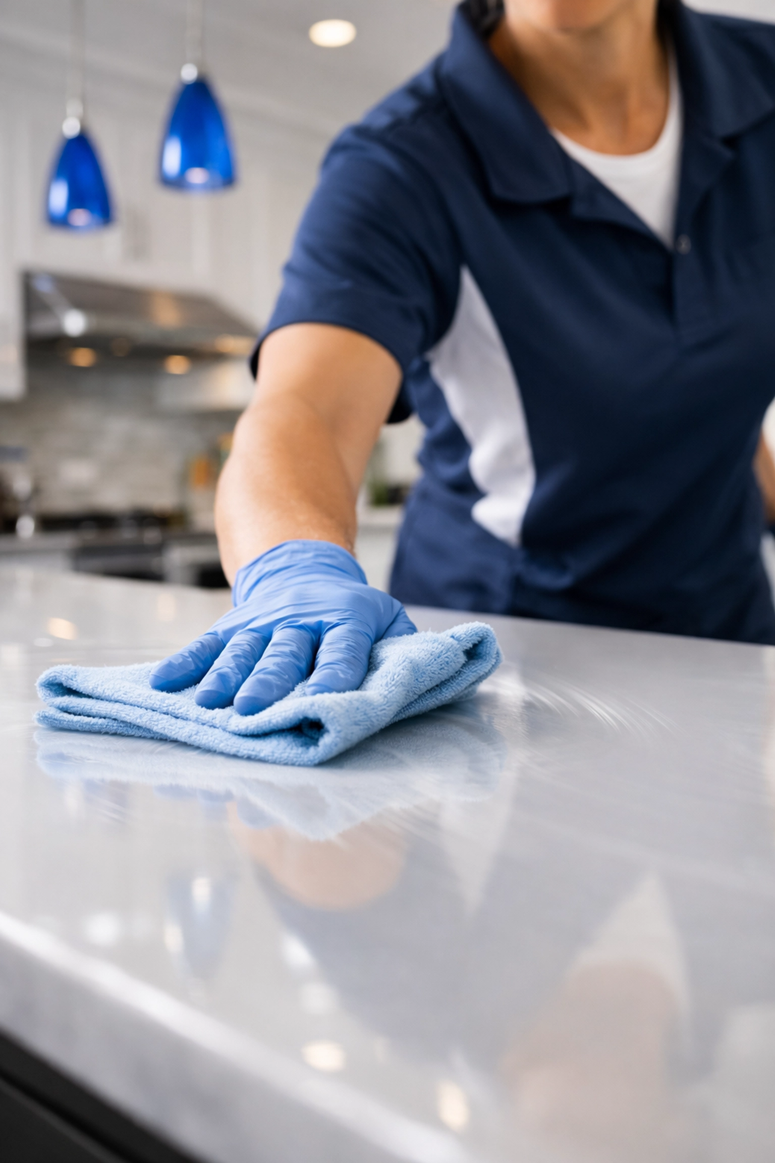 Professional cleaners MA performing deep cleaning on a modern kitchen island with ninja-like precision.